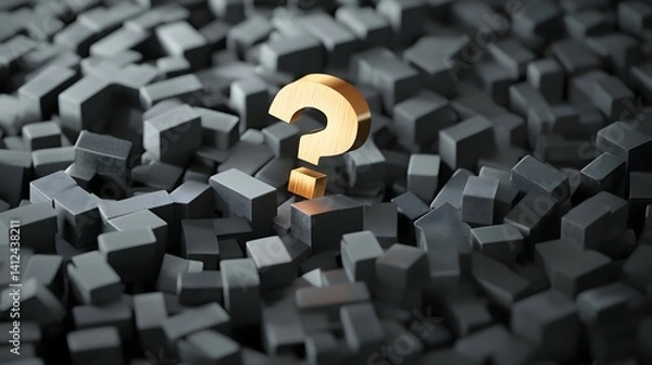 Fototapeta A golden question mark stands out from a pile of dark gray cubes.