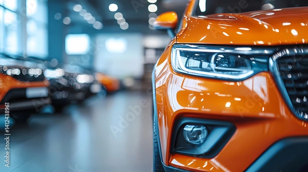 Fototapeta Automotive Brilliance: A close-up shot of a sleek, orange car takes center stage, set against a backdrop of other vehicles in a modern showroom, embodying innovation, design, and aspiration.