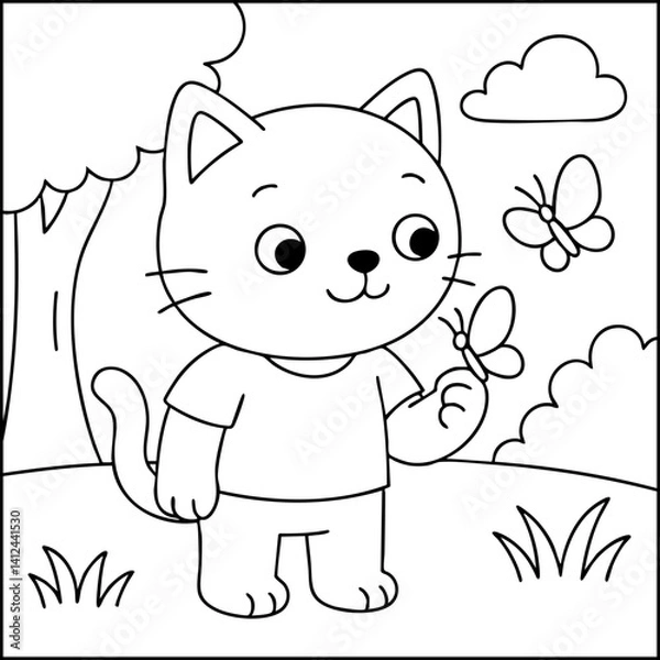Fototapeta Dessin kawaii au trait de chat pour livre de coloriage pour adulte ou enfant. Trait noir totalement isolé du fond. Idéal pour conception a ajuster dans votre livre ou cahier. Encadré transparent. 