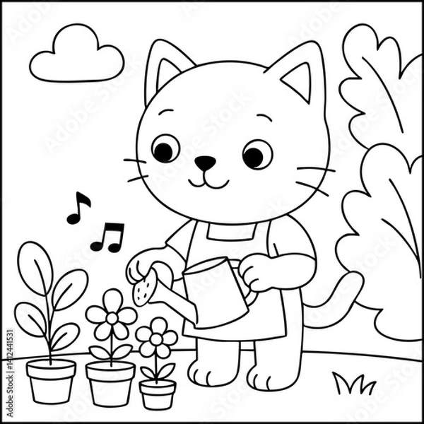 Fototapeta Dessin kawaii au trait de chat pour livre de coloriage pour adulte ou enfant. Trait noir totalement isolé du fond. Idéal pour conception a ajuster dans votre livre ou cahier. Encadré transparent. 