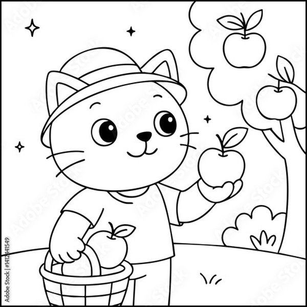 Fototapeta Dessin kawaii au trait de chat pour livre de coloriage pour adulte ou enfant. Trait noir totalement isolé du fond. Idéal pour conception a ajuster dans votre livre ou cahier. Encadré transparent. 