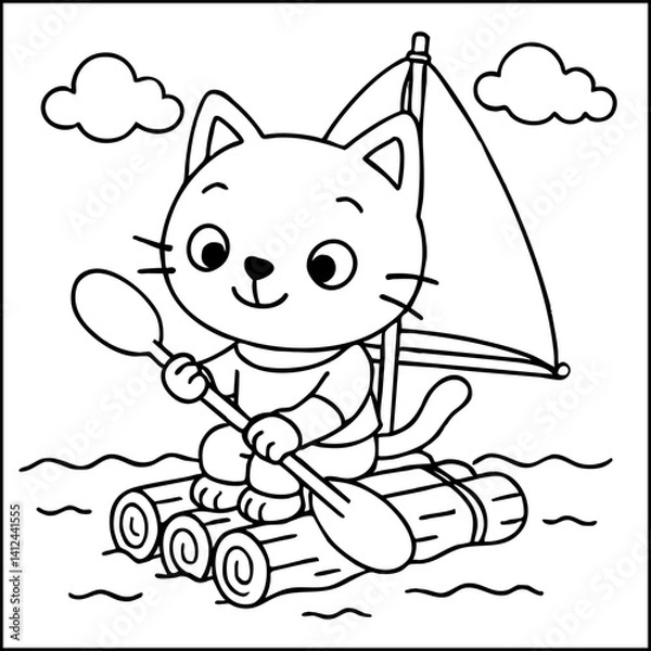Fototapeta Dessin kawaii au trait de chat pour livre de coloriage pour adulte ou enfant. Trait noir totalement isolé du fond. Idéal pour conception a ajuster dans votre livre ou cahier. Encadré transparent. 