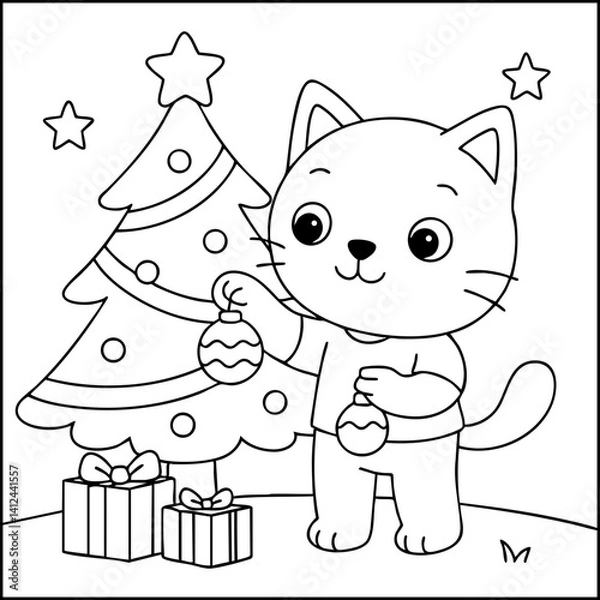 Fototapeta Dessin kawaii au trait de chat pour livre de coloriage pour adulte ou enfant. Trait noir totalement isolé du fond. Idéal pour conception a ajuster dans votre livre ou cahier. Encadré transparent. 