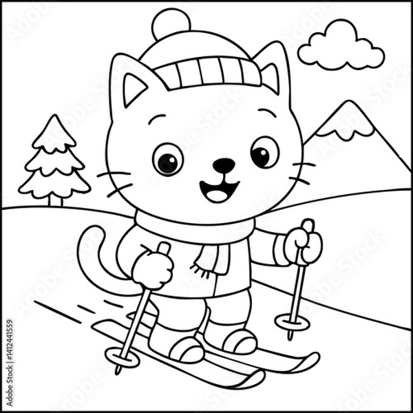 Fototapeta Dessin kawaii au trait de chat pour livre de coloriage pour adulte ou enfant. Trait noir totalement isolé du fond. Idéal pour conception a ajuster dans votre livre ou cahier. Encadré transparent. 
