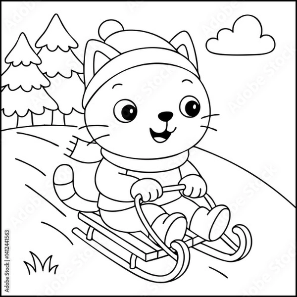 Fototapeta Dessin kawaii au trait de chat pour livre de coloriage pour adulte ou enfant. Trait noir totalement isolé du fond. Idéal pour conception a ajuster dans votre livre ou cahier. Encadré transparent. 