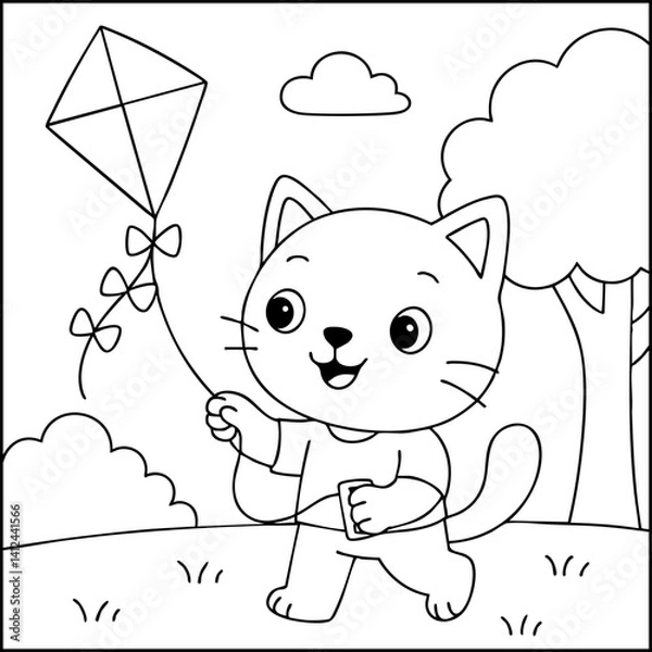 Fototapeta Dessin kawaii au trait de chat pour livre de coloriage pour adulte ou enfant. Trait noir totalement isolé du fond. Idéal pour conception a ajuster dans votre livre ou cahier. Encadré transparent. 