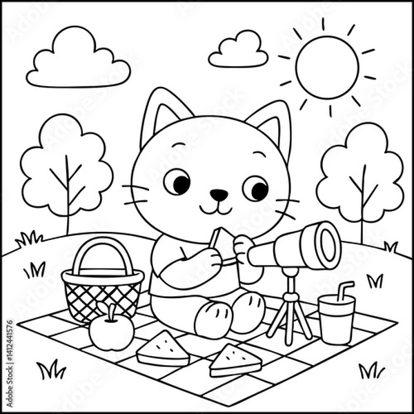 Fototapeta Dessin kawaii au trait de chat pour livre de coloriage pour adulte ou enfant. Trait noir totalement isolé du fond. Idéal pour conception a ajuster dans votre livre ou cahier. Encadré transparent. 