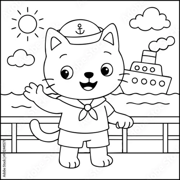 Fototapeta Dessin kawaii au trait de chat pour livre de coloriage pour adulte ou enfant. Trait noir totalement isolé du fond. Idéal pour conception a ajuster dans votre livre ou cahier. Encadré transparent. 
