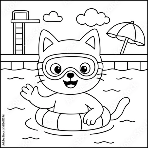 Fototapeta Dessin kawaii au trait de chat pour livre de coloriage pour adulte ou enfant. Trait noir totalement isolé du fond. Idéal pour conception a ajuster dans votre livre ou cahier. Encadré transparent. 
