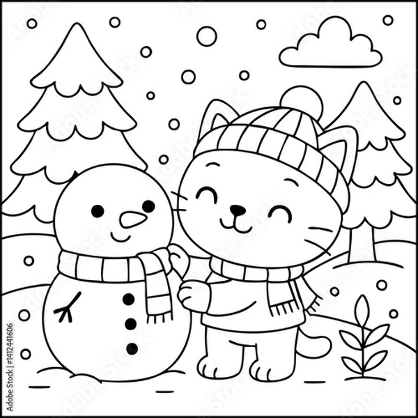 Fototapeta Dessin kawaii au trait de chat pour livre de coloriage pour adulte ou enfant. Trait noir totalement isolé du fond. Idéal pour conception a ajuster dans votre livre ou cahier. Encadré transparent. 