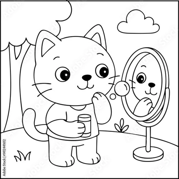 Fototapeta Dessin kawaii au trait de chat pour livre de coloriage pour adulte ou enfant. Trait noir totalement isolé du fond. Idéal pour conception a ajuster dans votre livre ou cahier. Encadré transparent. 