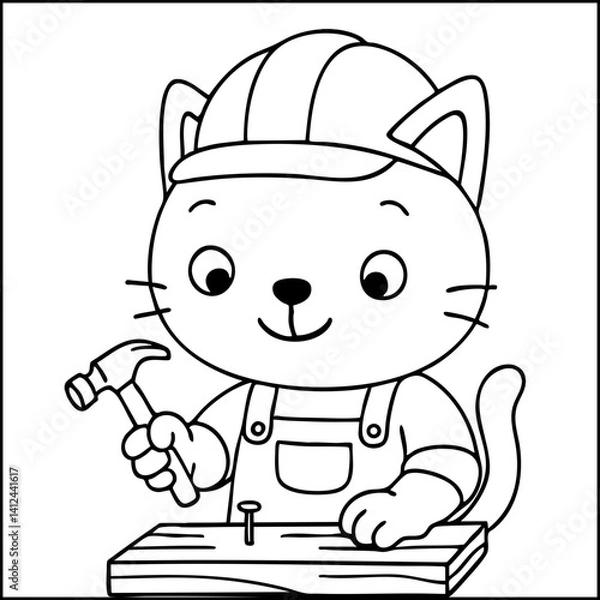Fototapeta Dessin kawaii au trait de chat pour livre de coloriage pour adulte ou enfant. Trait noir totalement isolé du fond. Idéal pour conception a ajuster dans votre livre ou cahier. Encadré transparent. 