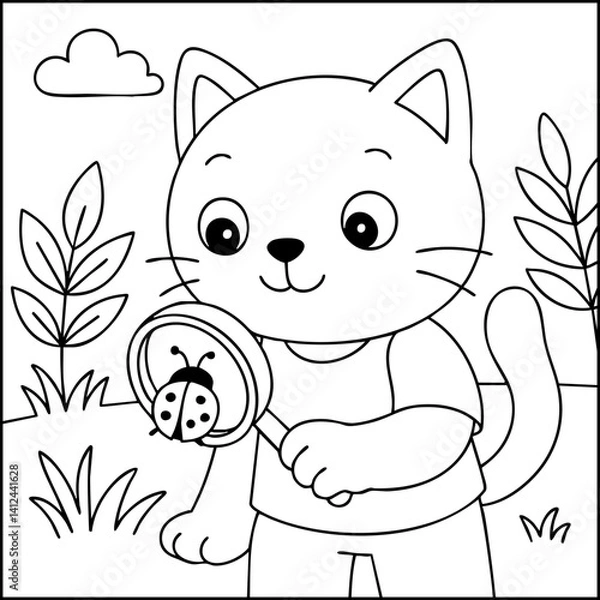 Fototapeta Dessin kawaii au trait de chat pour livre de coloriage pour adulte ou enfant. Trait noir totalement isolé du fond. Idéal pour conception a ajuster dans votre livre ou cahier. Encadré transparent. 
