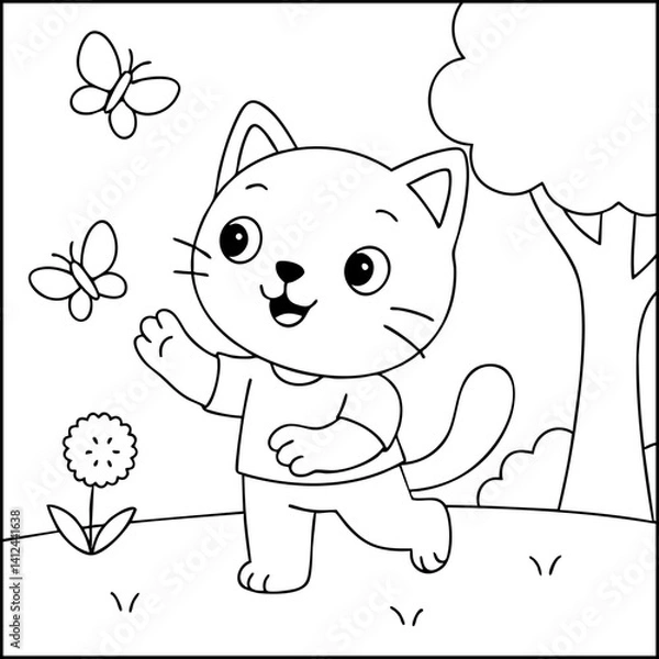 Fototapeta Dessin kawaii au trait de chat pour livre de coloriage pour adulte ou enfant. Trait noir totalement isolé du fond. Idéal pour conception a ajuster dans votre livre ou cahier. Encadré transparent. 