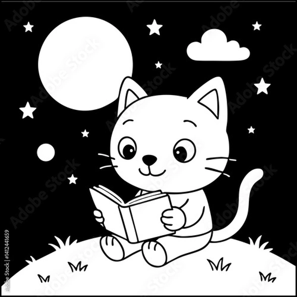 Fototapeta Dessin kawaii au trait de chat pour livre de coloriage pour adulte ou enfant. Trait noir totalement isolé du fond. Idéal pour conception a ajuster dans votre livre ou cahier. Encadré transparent. 