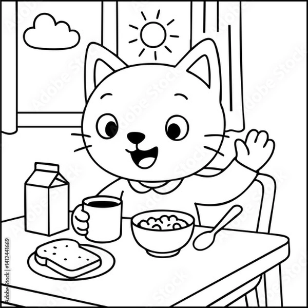 Fototapeta Dessin kawaii au trait de chat pour livre de coloriage pour adulte ou enfant. Trait noir totalement isolé du fond. Idéal pour conception a ajuster dans votre livre ou cahier. Encadré transparent. 