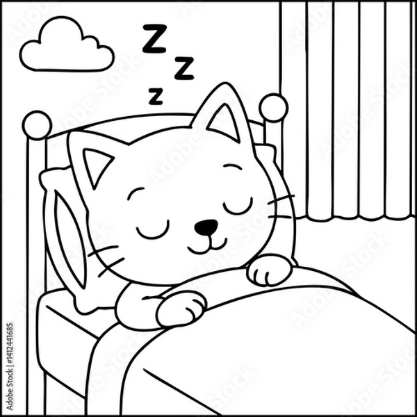 Fototapeta Dessin kawaii au trait de chat pour livre de coloriage pour adulte ou enfant. Trait noir totalement isolé du fond. Idéal pour conception a ajuster dans votre livre ou cahier. Encadré transparent. 