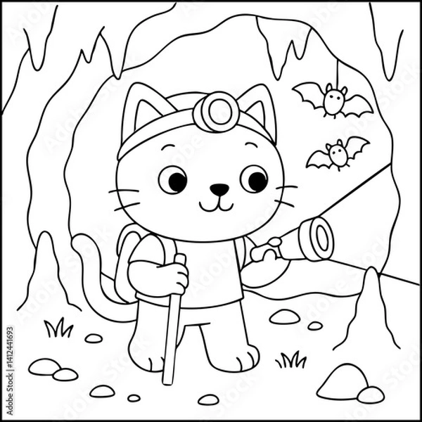 Fototapeta Dessin kawaii au trait de chat pour livre de coloriage pour adulte ou enfant. Trait noir totalement isolé du fond. Idéal pour conception a ajuster dans votre livre ou cahier. Encadré transparent. 