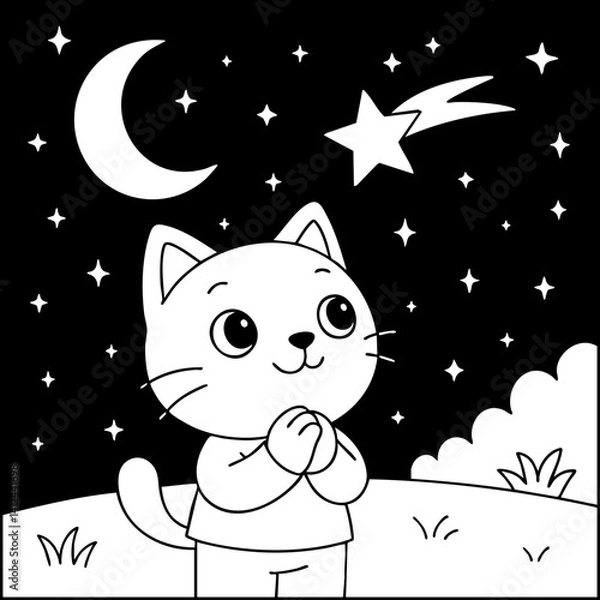 Fototapeta Dessin kawaii au trait de chat pour livre de coloriage pour adulte ou enfant. Trait noir totalement isolé du fond. Idéal pour conception a ajuster dans votre livre ou cahier. Encadré transparent. 