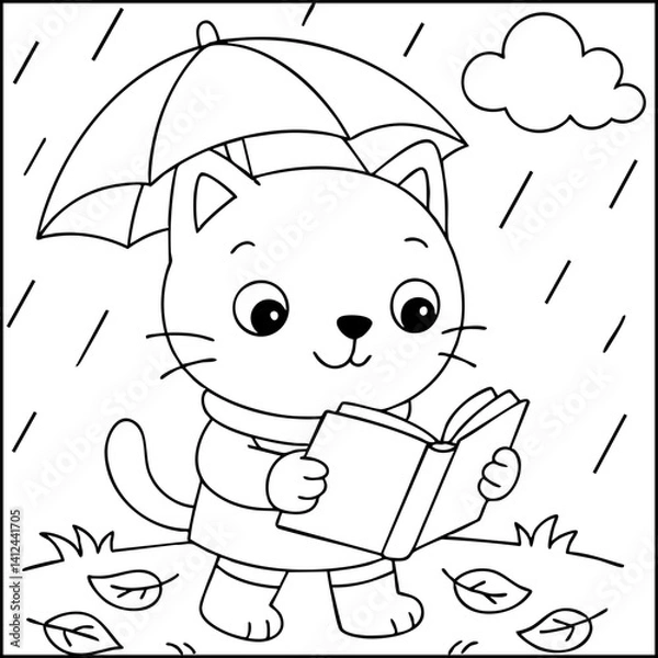 Fototapeta Dessin kawaii au trait de chat pour livre de coloriage pour adulte ou enfant. Trait noir totalement isolé du fond. Idéal pour conception a ajuster dans votre livre ou cahier. Encadré transparent. 