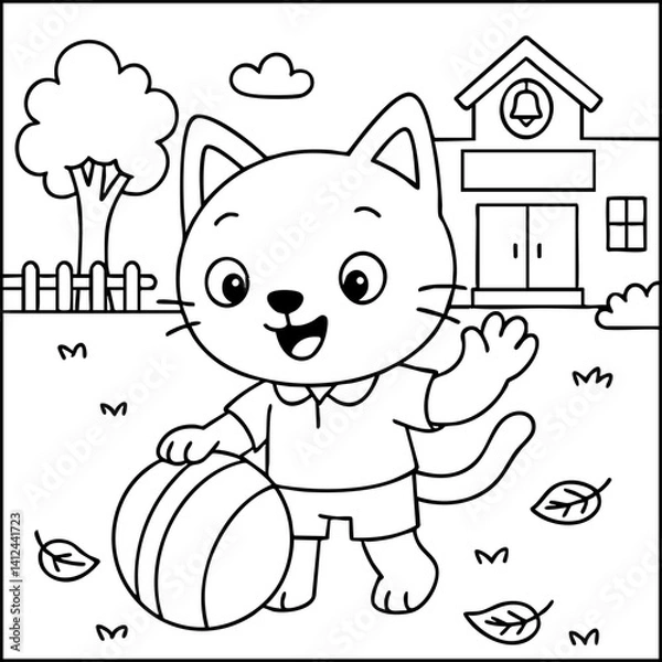 Fototapeta Dessin kawaii au trait de chat pour livre de coloriage pour adulte ou enfant. Trait noir totalement isolé du fond. Idéal pour conception a ajuster dans votre livre ou cahier. Encadré transparent. 