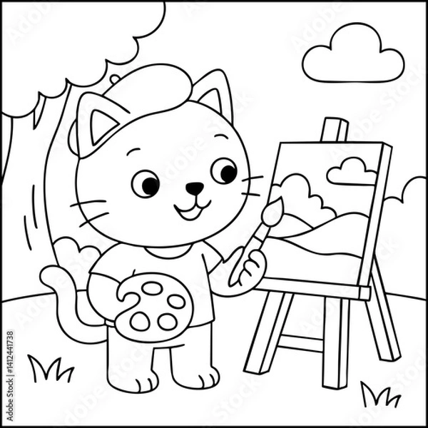 Fototapeta Dessin kawaii au trait de chat pour livre de coloriage pour adulte ou enfant. Trait noir totalement isolé du fond. Idéal pour conception a ajuster dans votre livre ou cahier. Encadré transparent. 