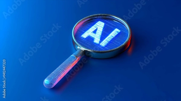 Fototapeta Magnifying Glass Reveals Glowing Ai Text on Dark Blue Background for Technology Innovation Concept