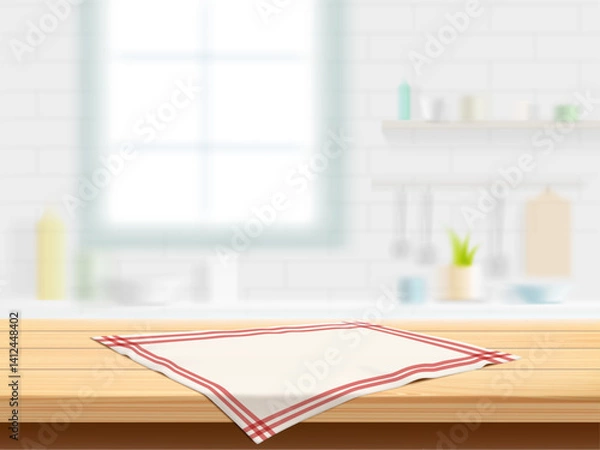Obraz Wooden kitchen table with napkin against a defocused kitchen room background. Vector illustration