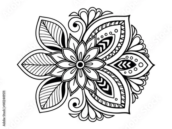 Fototapeta Vector abstract mandala pattern with flowers in a doodle style. Anti-stress coloring book page for adults
