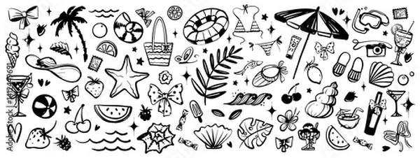 Obraz Tropical sea beach vacation sea set. Summer vacation doodle style illustration. Hand drawn crayon doodle illustrations of palm trees, swimsuit, coconut, elements for t-shirt print, invitations. Ocean