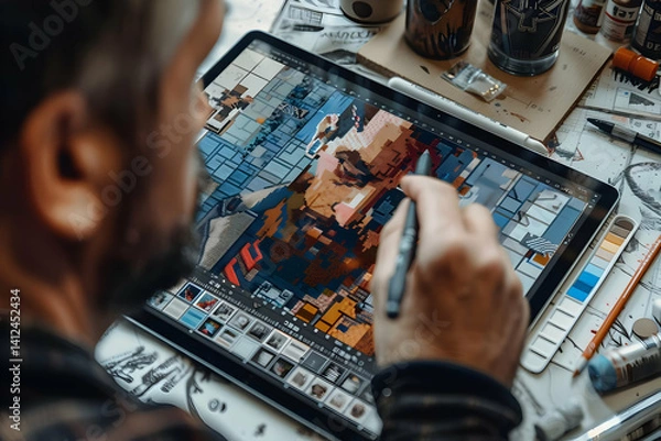 Fototapeta Man Creating Digital Artwork on Tablet Device With Stylus in Bright Studio Light Close Up Detailed Pixel Art Design