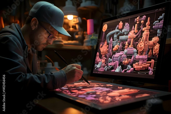 Fototapeta Man in Cap Creating Pixel Art on Digital Tablet in Dimly Lit Studio with Shelves of Art Supplies and Large Monitor Displaying Intricate Digital Landscape