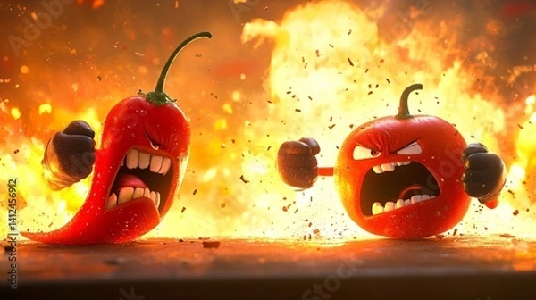 Obraz Chili peppers and tomatoes with gloves and animated expressions facing off in a playful battle made with Generative AI technology