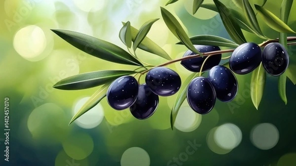 Obraz Fresh Black Olives on Olive Branch with Blurred Green Background