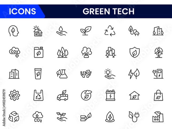 Fototapeta Green Tech & Sustainability vector icons for sustainability, solar, wind, clean power, green tech, net-zero, and eco solutions