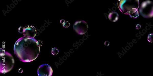 Obraz Realistic 3D soap bubbles with iridescent reflections floating on black background, ideal for abstract backgrounds, advertising, posters, party designs and digital art projects.Vector illustration