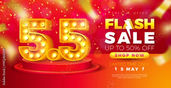 Fototapeta 5 May Shopping Day Flash Sale Design with 3d 5.5 Light Bulb Billboard Number and Falling Confetti on Red Background. Vector Special Offer 50 Percent Off Campaign Discount Illustration for Coupon