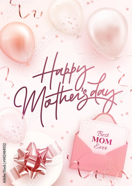 Fototapeta Happy mother's day vertical web banner, poster, greeting card design template. Realistic 3d helium balloons, envelope and gift box on pink background. Mother day. Vector illustration