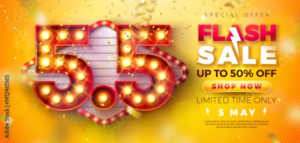 Fototapeta 5 May Shopping Day Flash Sale Design with 3d 5.5 Light Bulb Billboard Number and Falling Confetti on Yellow Background. Vector Special Offer 50 Percent Off Campaign Discount Illustration for Coupon