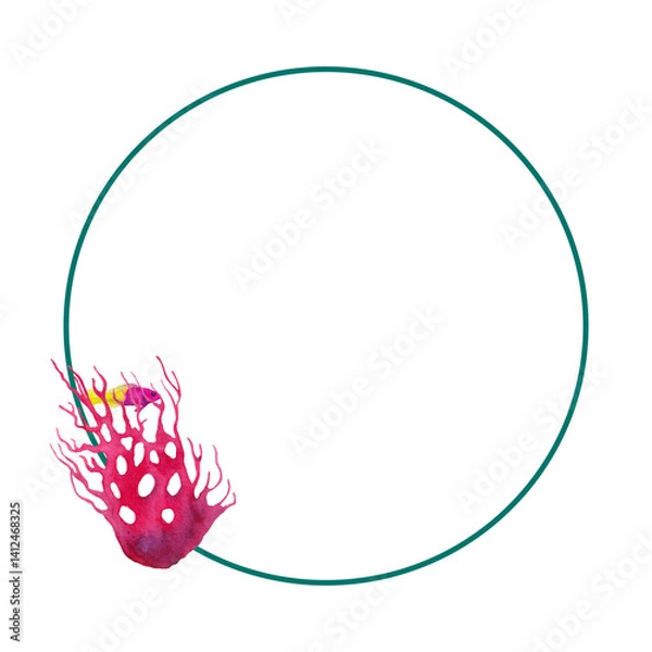 Fototapeta Circle card with fish and seaweed with copy space. Watercolor illustration isolated on white background. Painting for postcards, cards