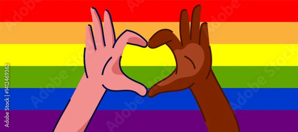 Obraz Diverse Hands Forming Heart Gesture over Pride Flag . Two diverse hands forming a heart on a rainbow flag background, for LGBTQ campaigns equality posters love messages,inclusive branding. Vector