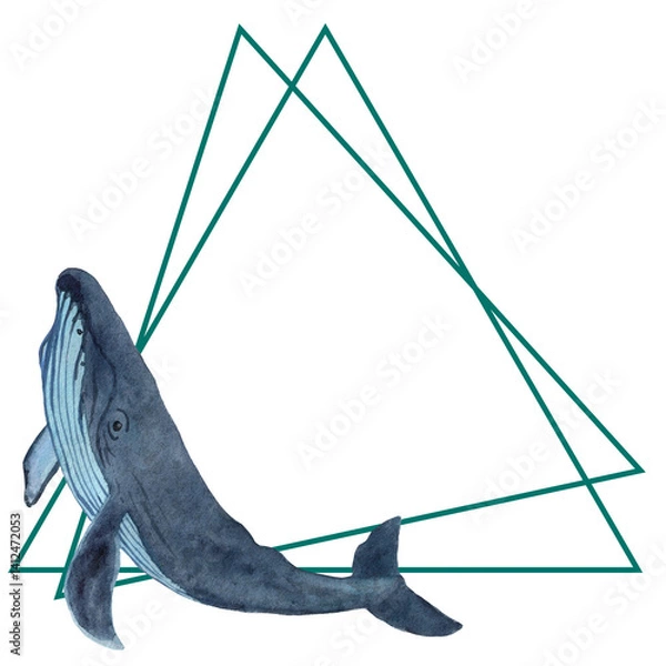 Fototapeta Triangle card with whale with copy space. Watercolor illustration isolated on white background. Painting for postcards, cards