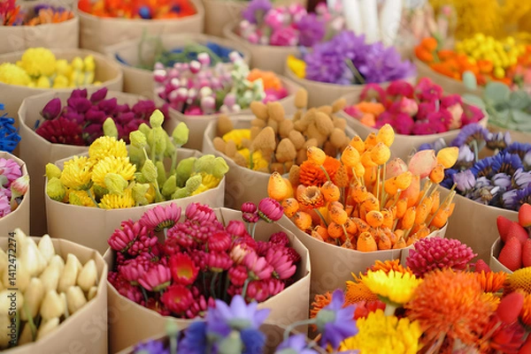 Fototapeta Vibrant spring market scene with colorful dried flowers neatly arranged in paper packages, capturing the essence of the season’s bloom.