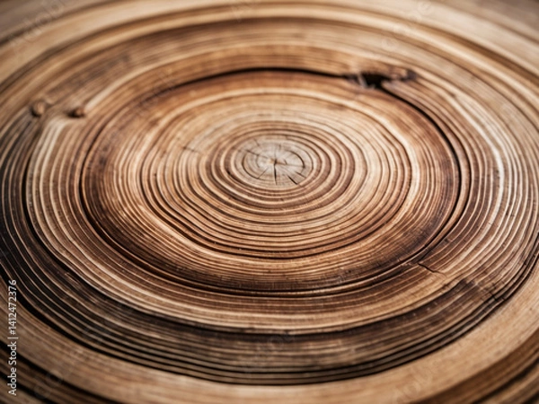 Fototapeta A detailed close-up of a tree trunk cross-section highlighting its growth rings, showcasing natural patterns and textures formed over time.
