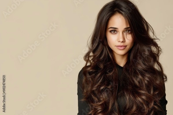 Obraz A beige background serves as the setting for a brunette woman with shiny waves and a nude makeup look