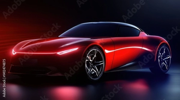 Fototapeta A red car with a black stripe and a red stripe on the hood