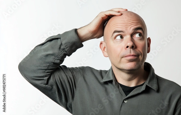 Fototapeta Bald man scratching head while pondering and looking upwards against plain background