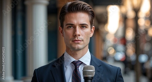 Obraz Professional News Reporter in a Suit and Tie, Holding a Microphone, with Architectural Background and Golden Hour Lighting