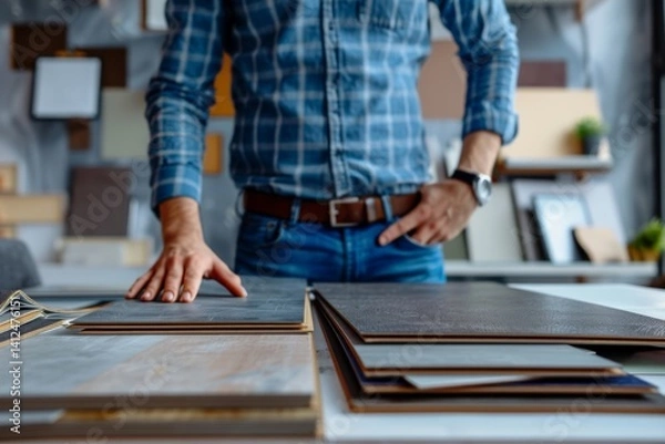 Obraz designer showing furniture and flooring material samples for interior design