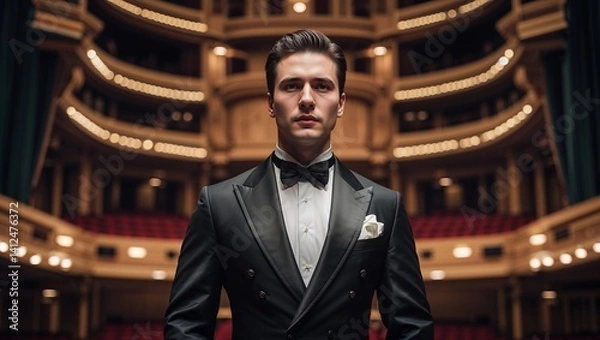 Obraz Sophisticated Man in Formal Tuxedo with Piercing Eyes, Shallow Depth of Field, and High Contrast Lighting on a Theater Stage